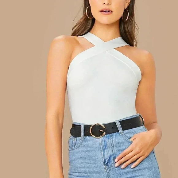White Casual Women's Form-Fitting Crisscross Halter Top - Picture 3 of 6